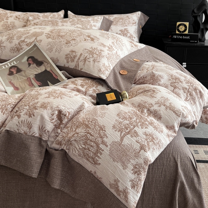 91家纺网 家纺一手货源 找家纺 梦舒羽 2025新款原麻纽扣四件套加厚被套床单宿舍双人床仿亚麻套件 水木年华