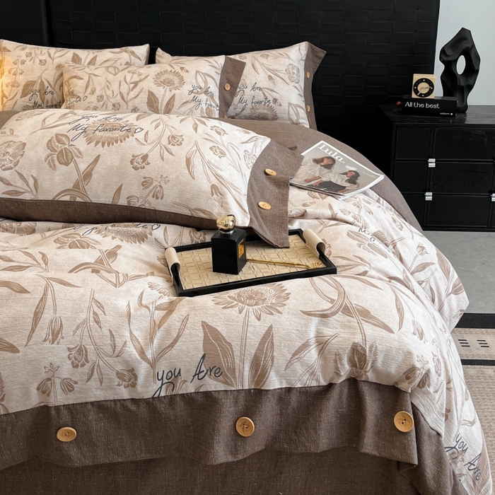 91家纺网 家纺一手货源 找家纺 梦舒羽 2025新款原麻纽扣四件套加厚被套床单宿舍双人床仿亚麻套件 向阳花开