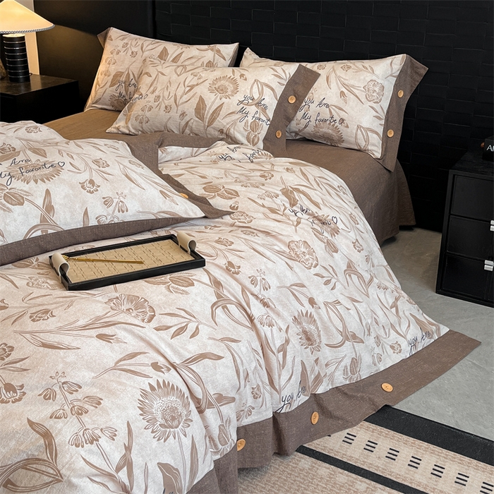 91家纺网 家纺一手货源 找家纺 梦舒羽 2025新款原麻纽扣四件套加厚被套床单宿舍双人床仿亚麻套件 向阳花开