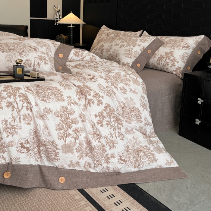 91家纺网 家纺一手货源 找家纺 梦舒羽 2025新款原麻纽扣四件套加厚被套床单宿舍双人床仿亚麻套件 水木年华