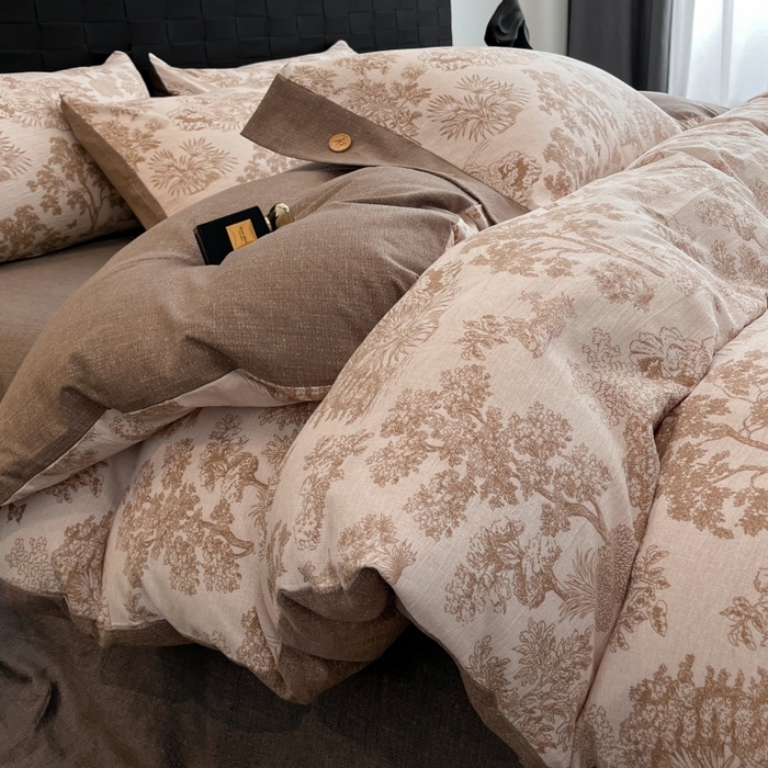 91家纺网 家纺一手货源 找家纺 梦舒羽 2025新款原麻纽扣四件套加厚被套床单宿舍双人床仿亚麻套件 水木年华