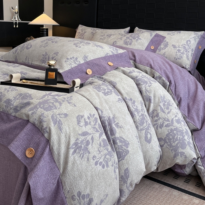 91家纺网 家纺一手货源 找家纺 梦舒羽 2025新款原麻纽扣四件套加厚被套床单宿舍双人床仿亚麻套件 古堡花园-紫