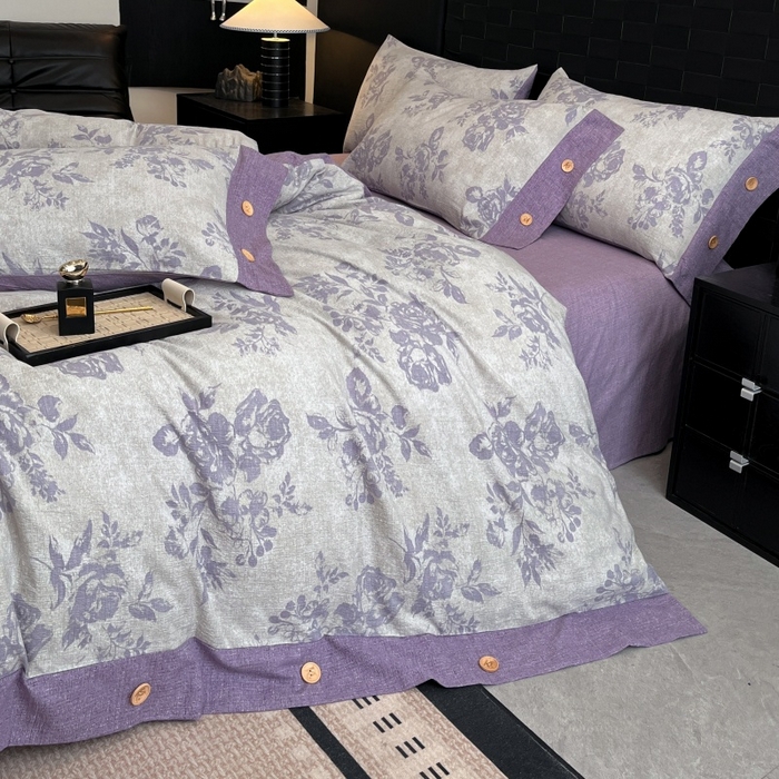 91家纺网 家纺一手货源 找家纺 梦舒羽 2025新款原麻纽扣四件套加厚被套床单宿舍双人床仿亚麻套件 古堡花园-紫