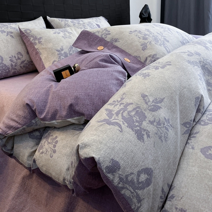 91家纺网 家纺一手货源 找家纺 梦舒羽 2025新款原麻纽扣四件套加厚被套床单宿舍双人床仿亚麻套件 古堡花园-紫