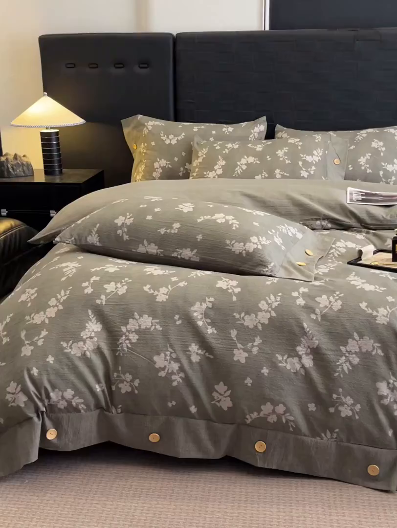 91家纺网 家纺一手货源 找家纺 梦舒羽 2025新款原麻纽扣四件套加厚被套床单宿舍双人床仿亚麻套件 曼妙花园