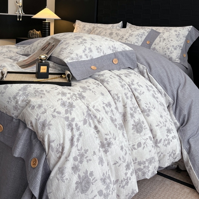 91家纺网 家纺一手货源 找家纺 梦舒羽 2025新款原麻纽扣四件套加厚被套床单宿舍双人床仿亚麻套件 花之舞