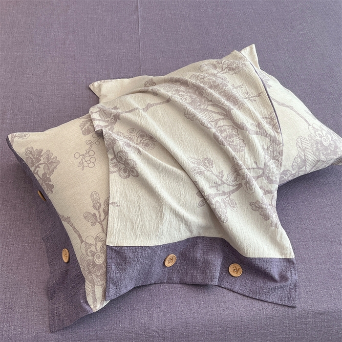 91家纺网 家纺一手货源 找家纺 梦舒羽 2025新款原麻纽扣四件套加厚被套床单宿舍双人床仿亚麻套件 紫嫣