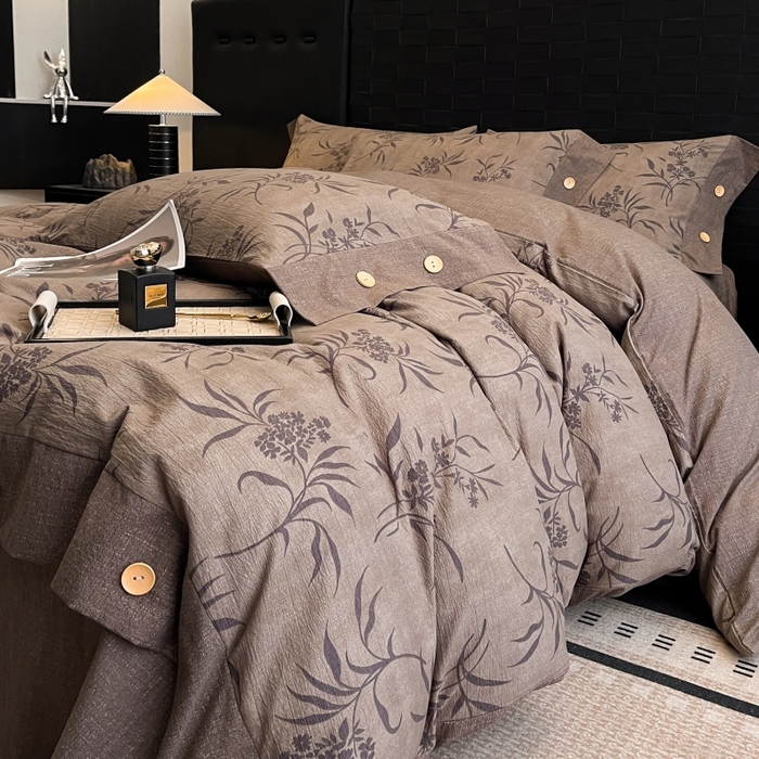 91家纺网 家纺一手货源 找家纺 梦舒羽 2025新款原麻纽扣四件套加厚被套床单宿舍双人床仿亚麻套件 素锦