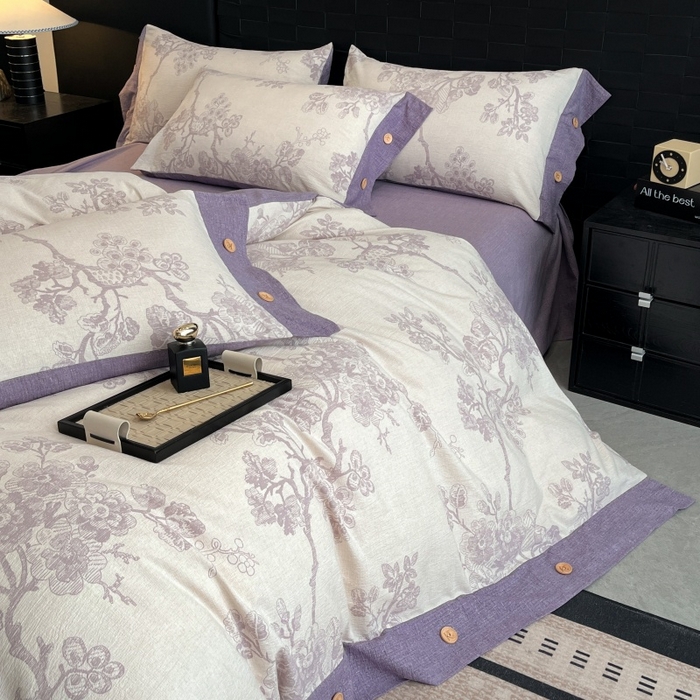 91家纺网 家纺一手货源 找家纺 梦舒羽 2025新款原麻纽扣四件套加厚被套床单宿舍双人床仿亚麻套件 紫嫣