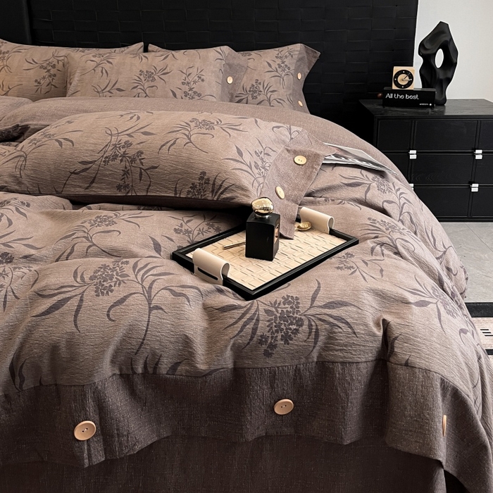 91家纺网 家纺一手货源 找家纺 梦舒羽 2025新款原麻纽扣四件套加厚被套床单宿舍双人床仿亚麻套件 素锦