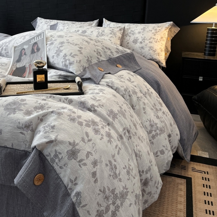 91家纺网 家纺一手货源 找家纺 梦舒羽 2025新款原麻纽扣四件套加厚被套床单宿舍双人床仿亚麻套件 花之舞