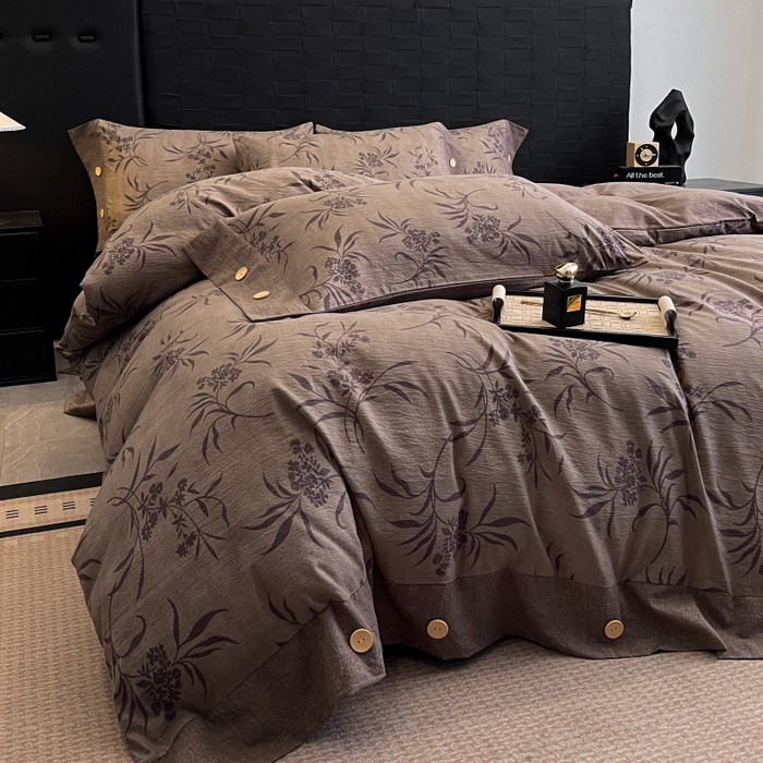 梦舒羽 2025新款原麻纽扣四件套加厚被套床单宿舍双人床仿亚麻套件 素锦