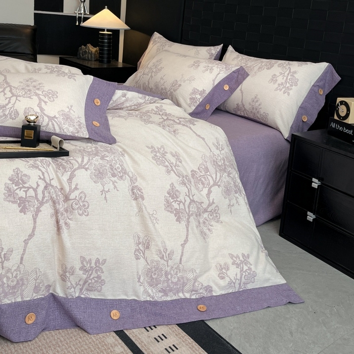 91家纺网 家纺一手货源 找家纺 梦舒羽 2025新款原麻纽扣四件套加厚被套床单宿舍双人床仿亚麻套件 紫嫣