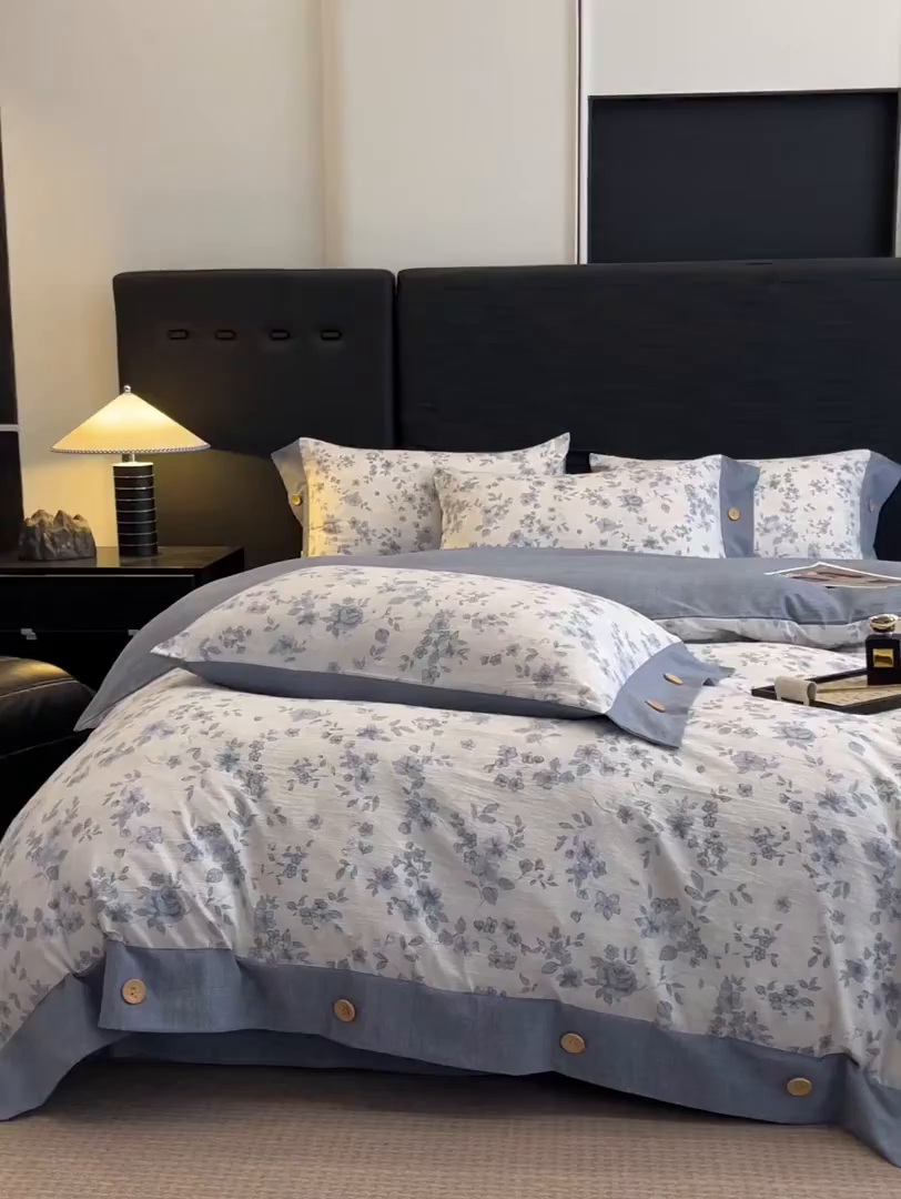 91家纺网 家纺一手货源 找家纺 梦舒羽 2025新款原麻纽扣四件套加厚被套床单宿舍双人床仿亚麻套件 南阳旧梦