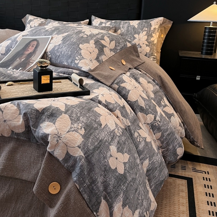 91家纺网 家纺一手货源 找家纺 （总）梦舒羽 2025新款原麻纽扣四件套加厚被套床单宿舍双人床仿亚麻套件