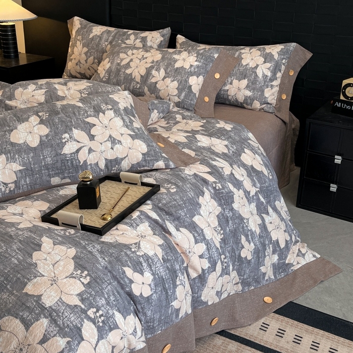 91家纺网 家纺一手货源 找家纺 （总）梦舒羽 2025新款原麻纽扣四件套加厚被套床单宿舍双人床仿亚麻套件