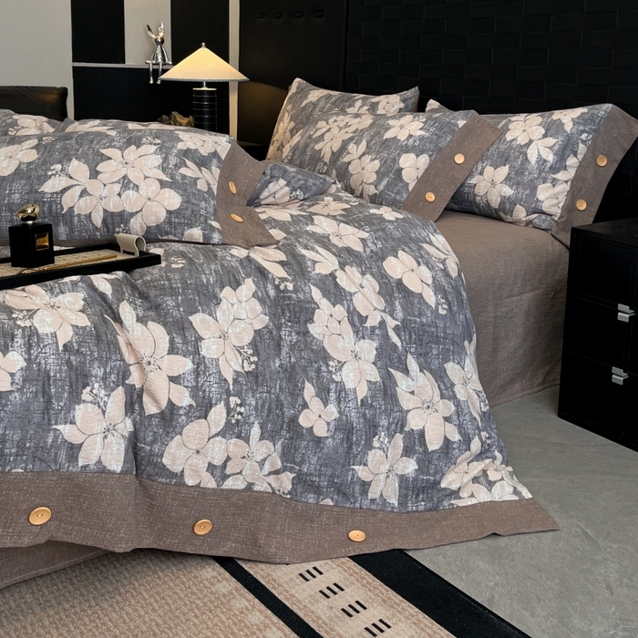 91家纺网 家纺一手货源 找家纺 （总）梦舒羽 2025新款原麻纽扣四件套加厚被套床单宿舍双人床仿亚麻套件