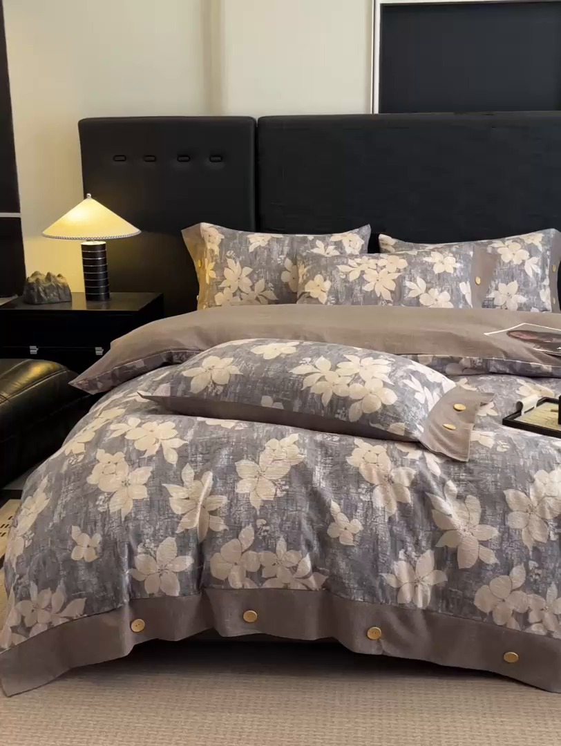 91家纺网 家纺一手货源 找家纺 （总）梦舒羽 2025新款原麻纽扣四件套加厚被套床单宿舍双人床仿亚麻套件