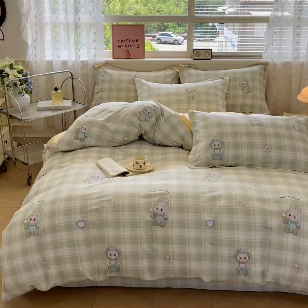 91家纺网 家纺一手货源 找家纺 花梦欣 2025新款全棉印花单品系列-四件套 薄荷兔兔