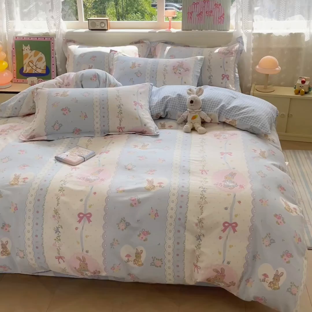 91家纺网 家纺一手货源 找家纺 花梦欣 2025新款全棉印花单品系列-四件套 花丛兔兰