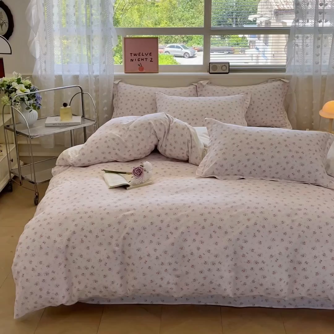 91家纺网 家纺一手货源 找家纺 花梦欣 2025新款全棉印花单品系列-四件套 疏影梦境粉