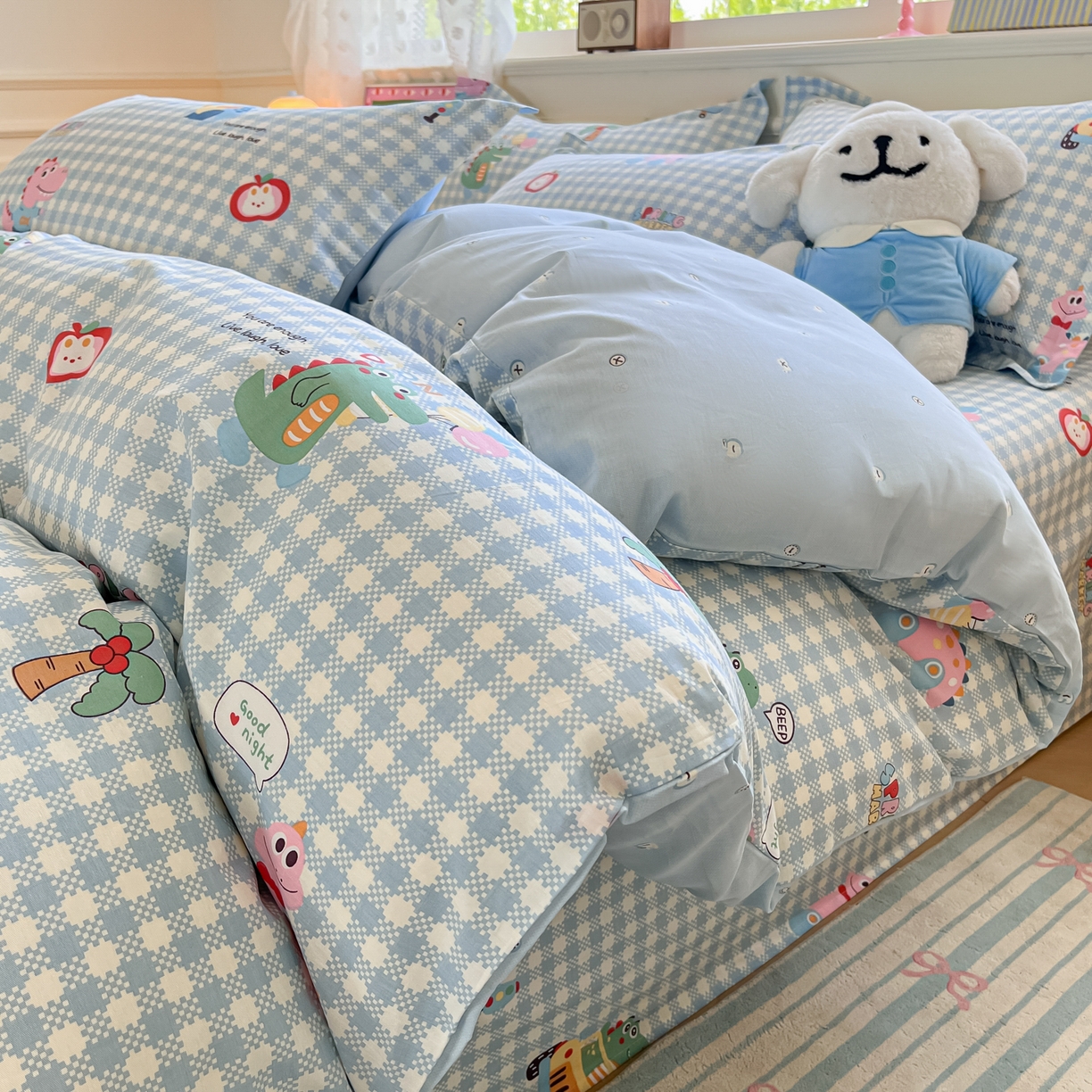 91家纺网 家纺一手货源 找家纺 花梦欣 2025新款全棉印花单品系列-单被套 大眼恐龙蓝