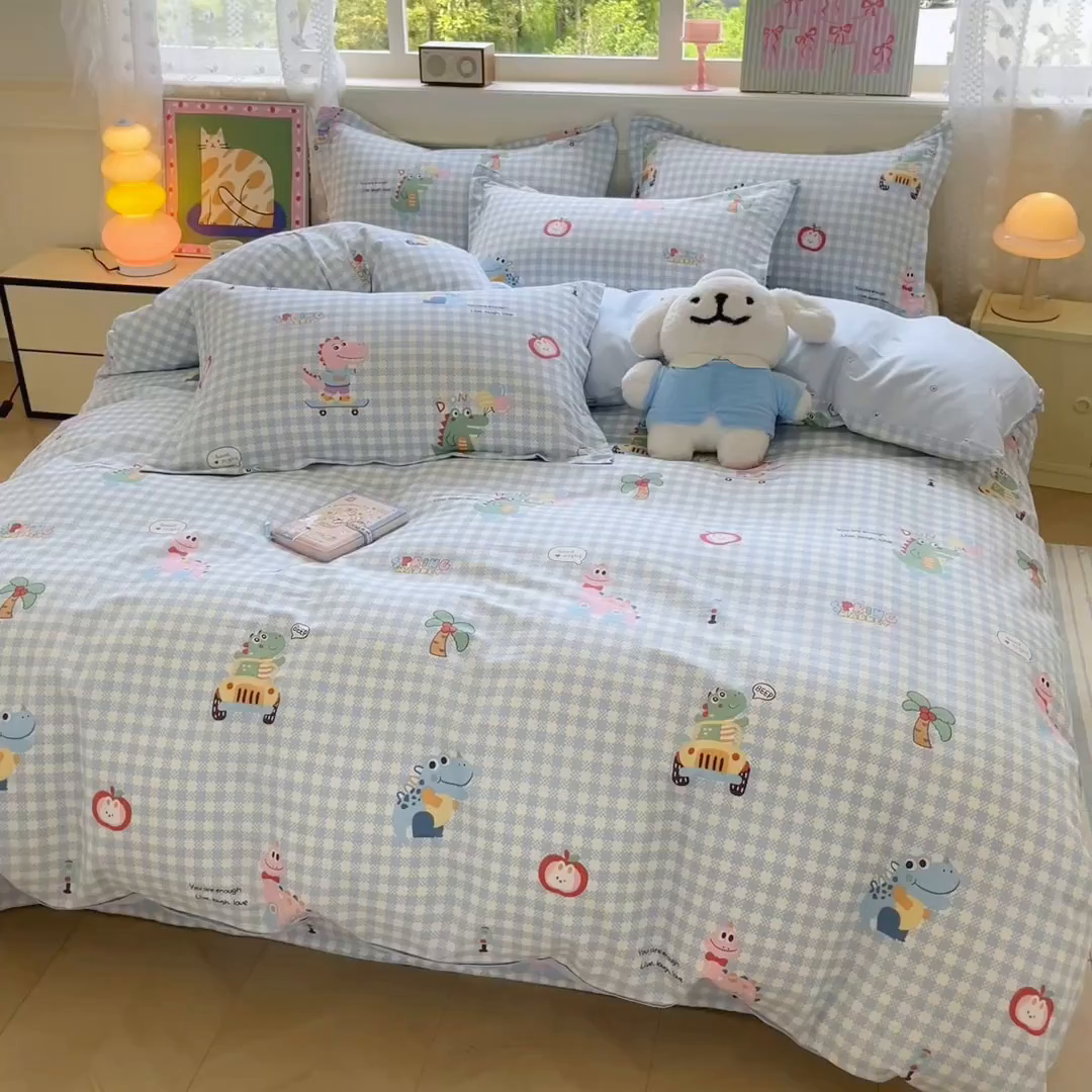 91家纺网 家纺一手货源 找家纺 花梦欣 2025新款全棉印花单品系列-单被套 大眼恐龙蓝