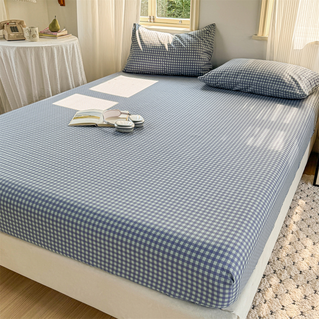 91家纺网 家纺一手货源 找家纺 多品家纺 2025新款超柔云感双层纱水洗棉单品床笠 绿格