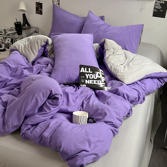 91家纺网 家纺一手货源 找家纺 思诺羽床笠 2025新款水洗棉四件套 罗兰紫拼灰