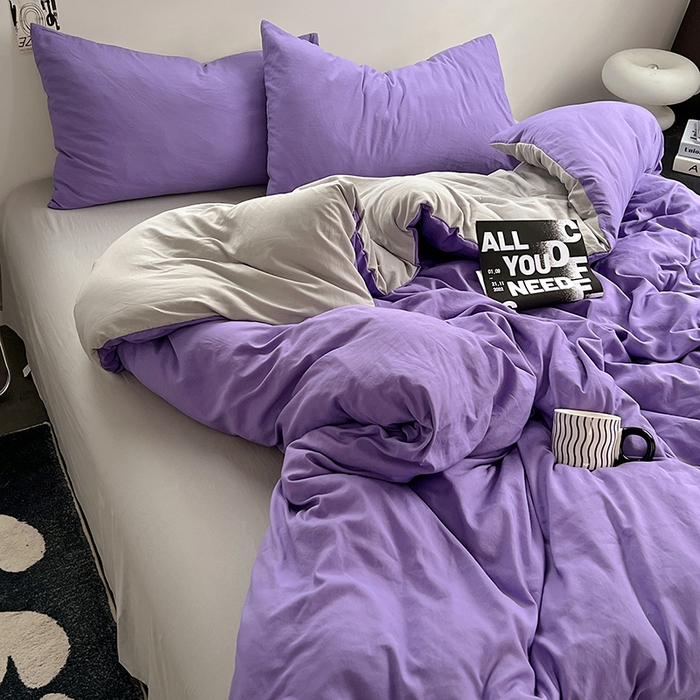 91家纺网 家纺一手货源 找家纺 思诺羽床笠 2025新款水洗棉四件套 罗兰紫拼灰