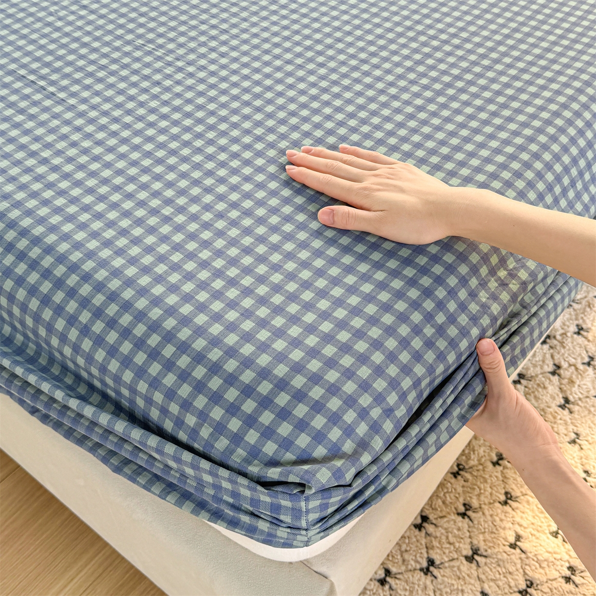 91家纺网 家纺一手货源 找家纺 多品家纺 2025新款超柔云感双层纱水洗棉单品床笠 绿格