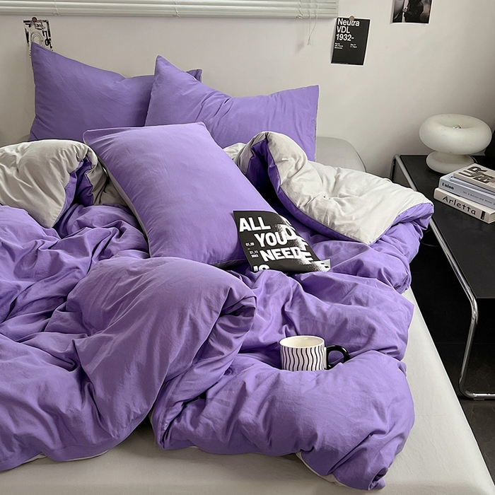 91家纺网 家纺一手货源 找家纺 思诺羽床笠 2025新款水洗棉四件套 罗兰紫拼灰