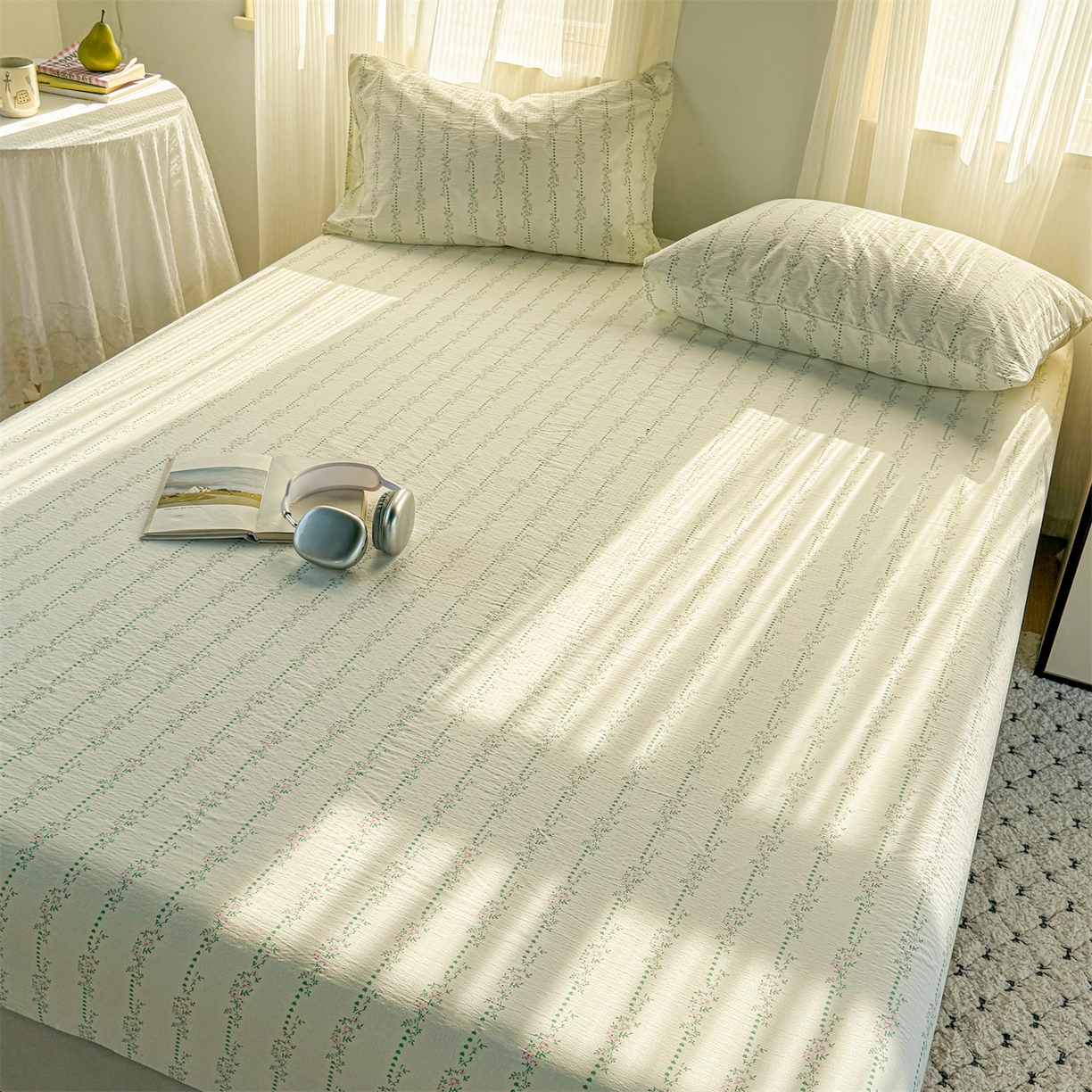 91家纺网 家纺一手货源 找家纺 多品家纺 2025新款超柔云感双层纱水洗棉单品床笠 绿藤