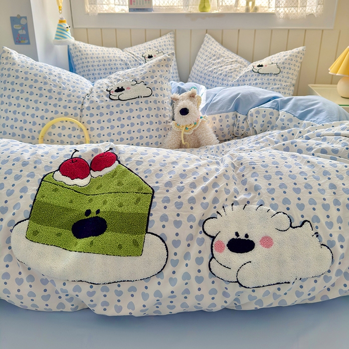 91家纺网 家纺一手货源 找家纺 罗亿家纺 2025新款110g高克重云朵棉直播热款毛巾绣四件套 抹茶蛋糕狗