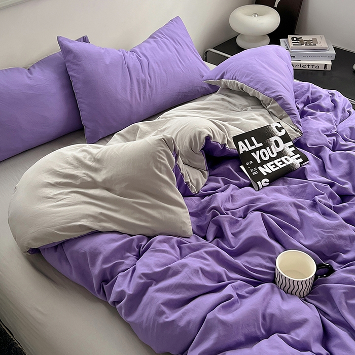 91家纺网 家纺一手货源 找家纺 思诺羽床笠 2025新款水洗棉四件套 罗兰紫拼灰