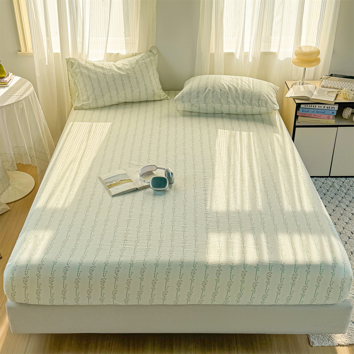 91家纺网 家纺一手货源 找家纺 多品家纺 2025新款超柔云感双层纱水洗棉单品床笠 绿藤