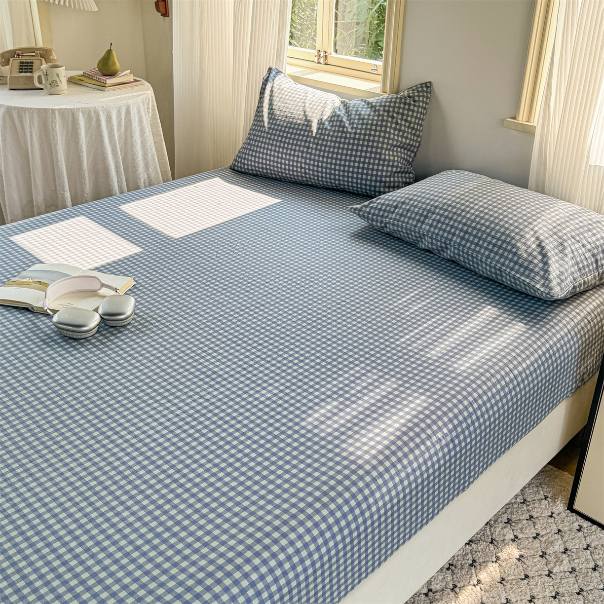 91家纺网 家纺一手货源 找家纺 多品家纺 2025新款超柔云感双层纱水洗棉单品床笠 绿格