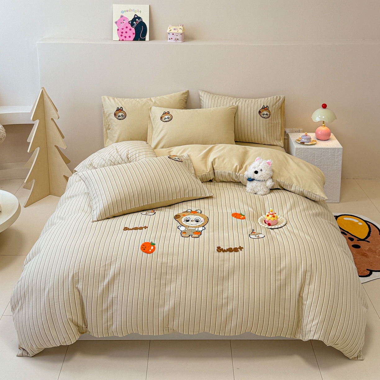 91家纺网 家纺一手货源 找家纺 呗旺鹿 2025新款全棉大眼娃娃毛巾绣四件套 卡皮巴拉大眼娃娃