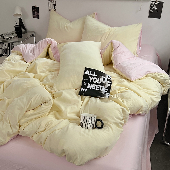 91家纺网 家纺一手货源 找家纺 思诺羽床笠 2025新款水洗棉四件套 薰衣草淡黄