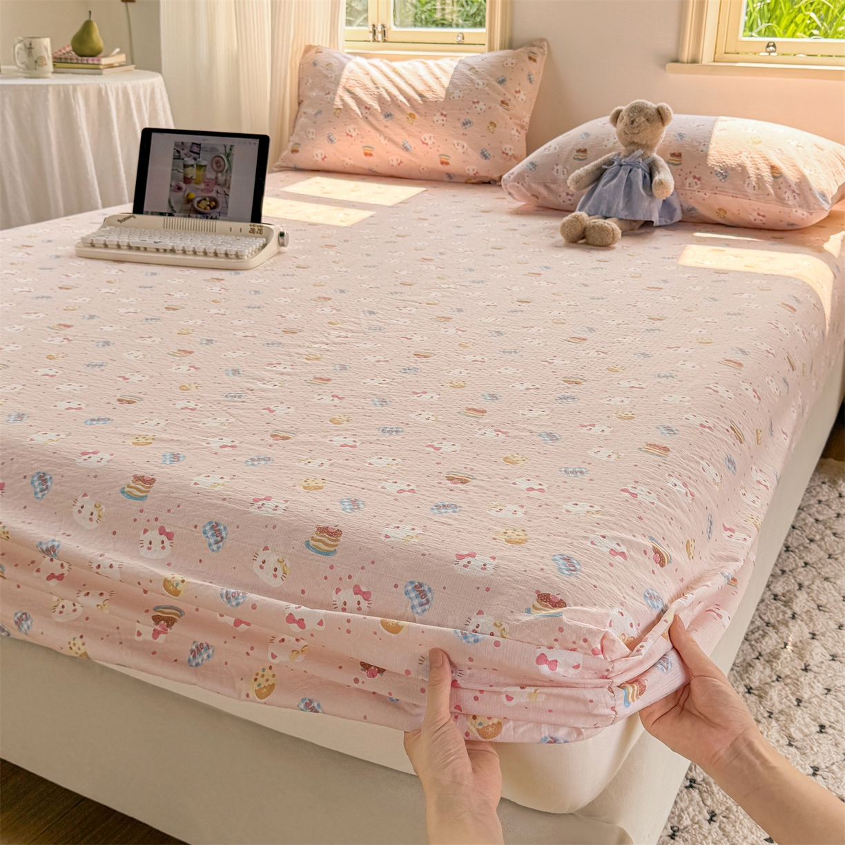 91家纺网 家纺一手货源 找家纺 多品家纺 2025新款超柔云感双层纱水洗棉单品床笠 布丁猫