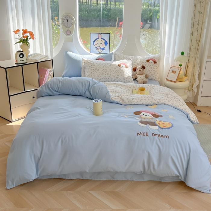 91家纺网 家纺一手货源 找家纺 罗亿家纺 2025新款110g高克重云朵棉直播热款毛巾绣四件套 晚安小狗