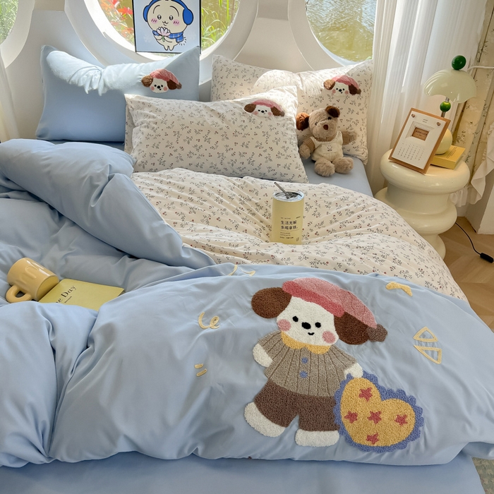 91家纺网 家纺一手货源 找家纺 罗亿家纺 2025新款110g高克重云朵棉直播热款毛巾绣四件套 晚安小狗