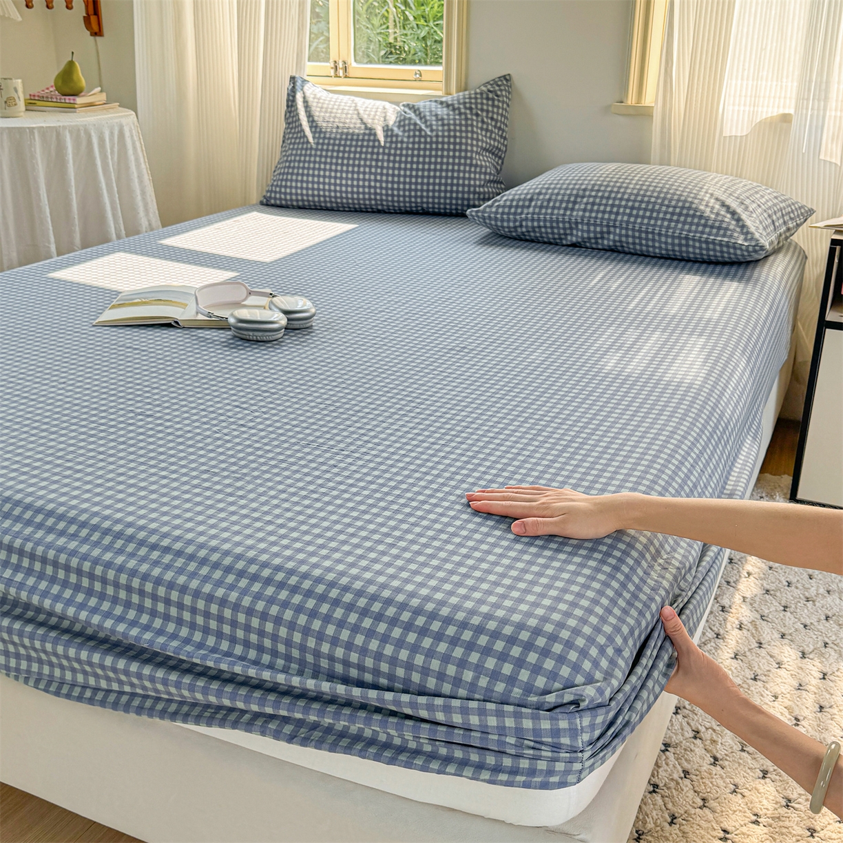 91家纺网 家纺一手货源 找家纺 多品家纺 2025新款超柔云感双层纱水洗棉单品床笠 绿格