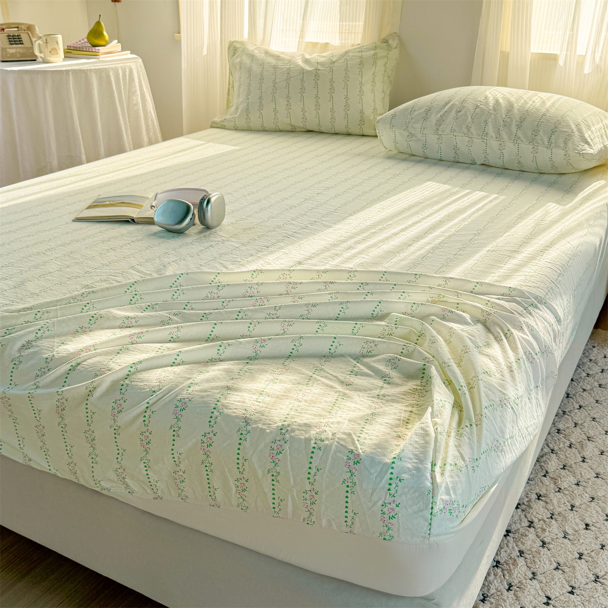 91家纺网 家纺一手货源 找家纺 多品家纺 2025新款超柔云感双层纱水洗棉单品床笠 绿藤