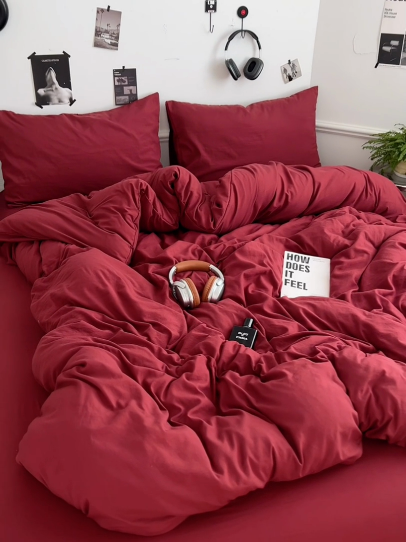 91家纺网 家纺一手货源 找家纺 思诺羽床笠 2025新款水洗棉四件套 胭脂红