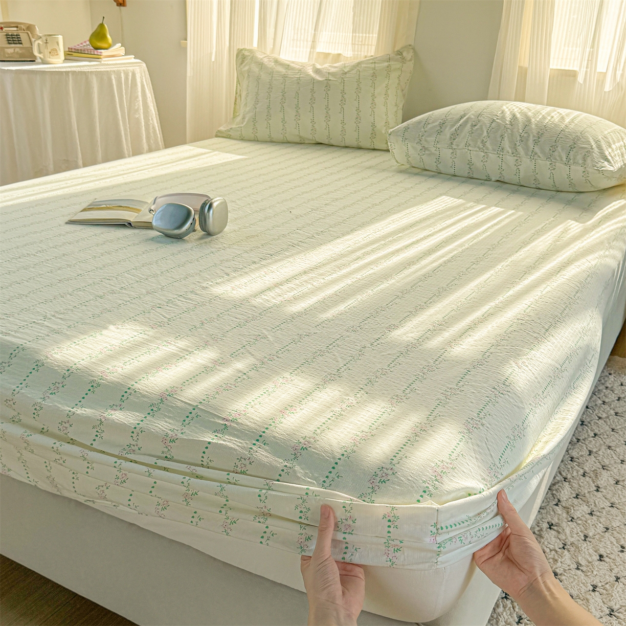 91家纺网 家纺一手货源 找家纺 多品家纺 2025新款超柔云感双层纱水洗棉单品床笠 绿藤