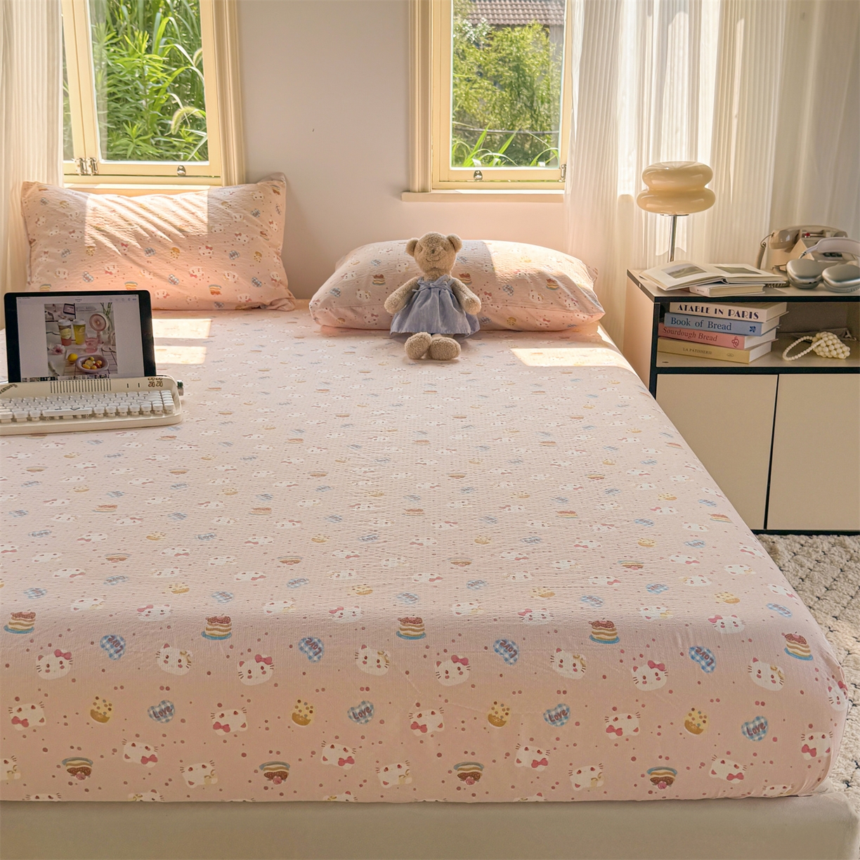 91家纺网 家纺一手货源 找家纺 多品家纺 2025新款超柔云感双层纱水洗棉单品床笠 布丁猫