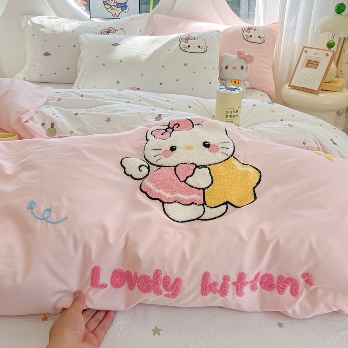 91家纺网 家纺一手货源 找家纺 罗亿家纺 2025新款110g高克重云朵棉直播热款毛巾绣四件套 星星粉kt