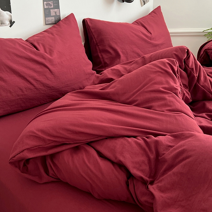 91家纺网 家纺一手货源 找家纺 思诺羽床笠 2025新款水洗棉四件套 胭脂红