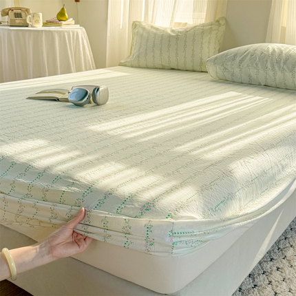 多品家纺 2025新款超柔云感双层纱水洗棉单品床笠 绿藤